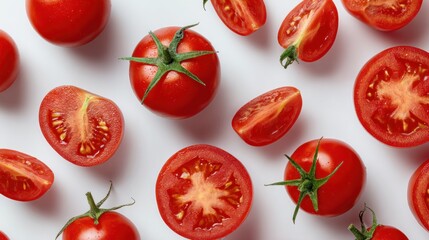 Fototapeta premium Tomatoes! Array of whole and sliced tomatoes against a bright background, showcasing fresh vibrant red produce