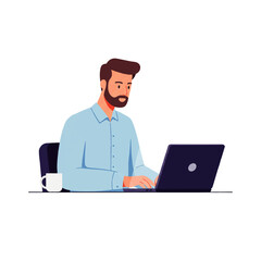 Man with a beard sitting at a desk, working on a laptop computer with a coffee mug nearby.