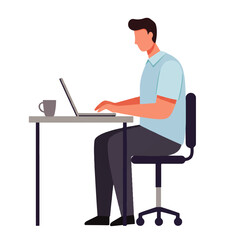 Illustration of a man sitting at a desk, typing on a laptop with a coffee cup nearby.