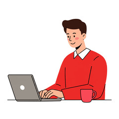 Illustration of a young man working on a laptop, wearing a red sweater, with a mug on the desk.