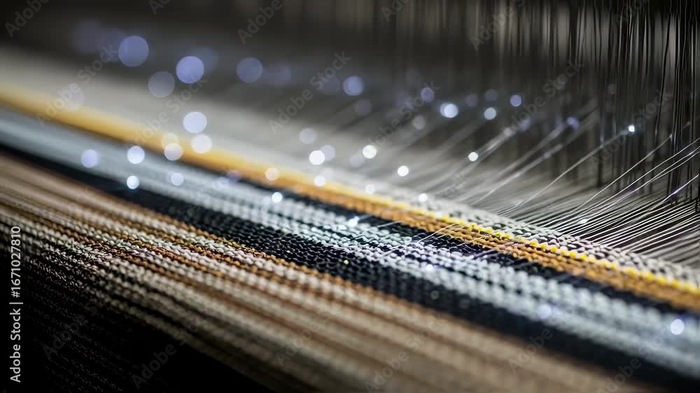 Poster macro shot of sensor threads interlaced with traditional fibers on a dynamic weaving loom for intera