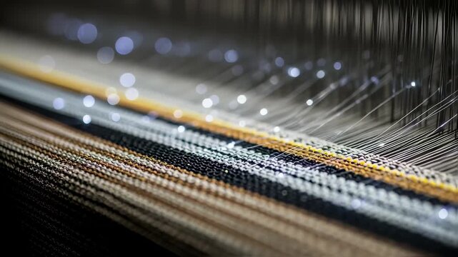 Macro shot of sensor threads interlaced with traditional fibers on a dynamic weaving loom for interactive textile manufacturing.