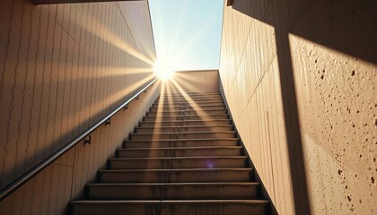 Fototapeta premium Sunlight streams across a textured concrete staircase, concrete steps, exterior