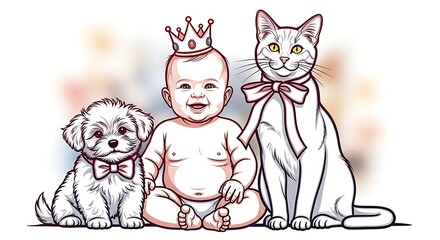 Cute baby with crown puppy and cat illustration pet animals drawing art