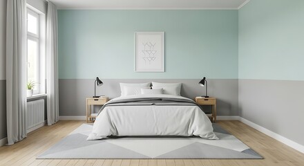 Modern Bedroom Interior with Mint Green and Grey Two-Tone Wall.