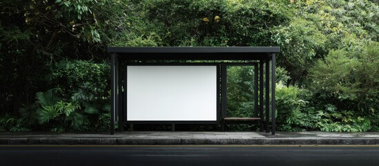 Modern outdoor bus stop shelter with glass walls and seating in lush green park setting