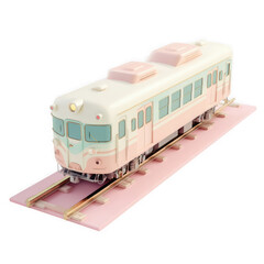 Fototapeta premium Pastel colored toy train on pink tracks isolated on transparent background