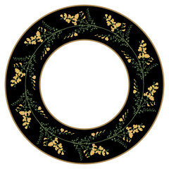 Round floral frame with branches oyellow flowers and green leaves on black background. Wreath of blooming Scotch Broom branch in a circle ring. Common broom. Cytisus scoparius. Sarothamnus scoparius. 