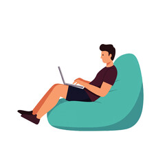 Man sitting comfortably in a beanbag chair while working on his laptop.