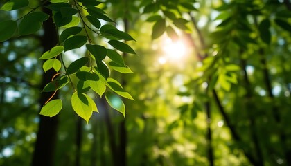 Soft-focus green leaves and bokeh, sunlit forest scene,  texture,  abstract