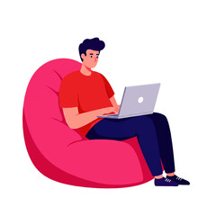 A young man sits comfortably in a pink beanbag chair, working on a laptop computer.