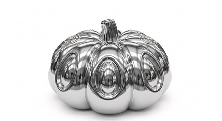 A highly detailed silver pumpkin decoration with intricate carvings and a smooth reflective surface displayed on a pure white background