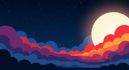 Colorful Night Sky with Full Moon and Clouds.
