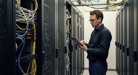 Engineer with tablet checks servers in a dim, narrow server room