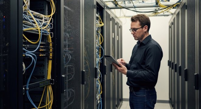 Engineer with tablet checks servers in a dim, narrow server room