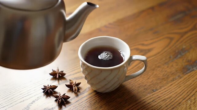 Pouring Hot Beverage into White Cup with Star Anise Around on Wooden Table Top View of Steaming Herbal Tea from Silver Teapot Perfect for Cozy and Relaxing Tea Advertisement Promotion