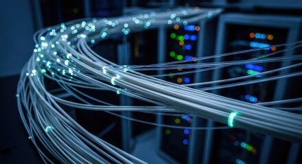 Fiber optic cables glow in a server room, suggesting connectivity and data