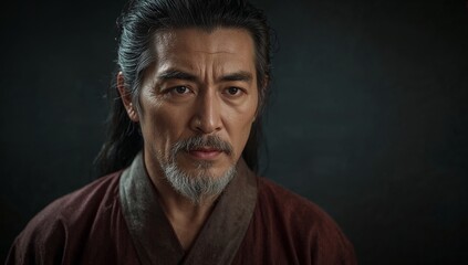 Fototapeta premium Elderly Asian man in traditional attire with serious expression