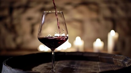 Pouring Rich Red Wine into a Crystal Glass on a Weathered Barrel with Candle Lights in Dimly Lit Wine Cellar Creates an Atmosphere of Luxury and Relaxation for a Sophisticated Celebration