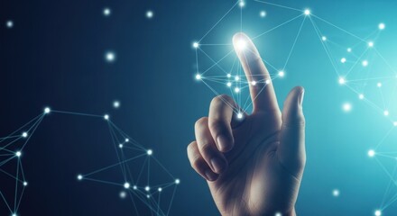 Finger touches glowing digital network nodes on a deep blue background