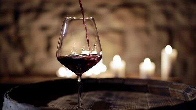 Pouring Rich Red Wine into a Crystal Glass on a Weathered Barrel with Candle Lights in Dimly Lit Wine Cellar Creates an Atmosphere of Luxury and Relaxation for a Sophisticated Celebration
