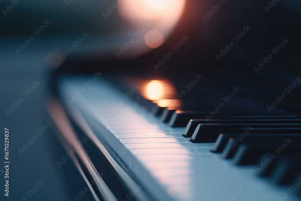 Poster soft light glimmers on piano keys, creating serene and inviting