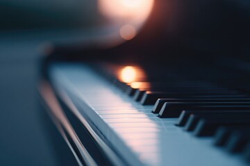 Soft light glimmers on piano keys, creating serene and inviting