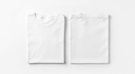 Folded, plain white t-shirt shown front and back on bright white surface
