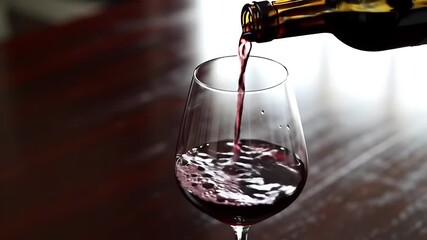 Red Wine Elegantly Poured from Dark Bottle into Glass on Wooden Table in Top Down View Perfect for Restaurant Promotions and National Wine Day Ads Celebration Luxurious and Romantic Evening Drink