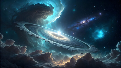 Ethereal Celestial Portal Detailed Cosmic Event with Teal Nebulae and Glowing Galactic Ring System above Dark Clouds