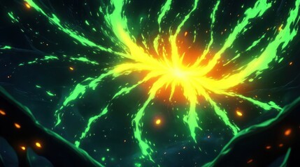 Naklejka premium A swirling vortex of vibrant green and orange light against a dark background.