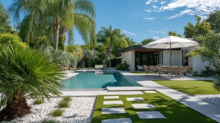 A luxurious backyard oasis with a pool, patio, and lush greenery under a bright, sunny sky