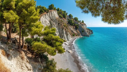 High angle view of a picturesque beach with cliffs and lush vegetation.