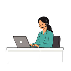 Woman with headset working on a laptop at a desk, possibly in customer service or a call center.