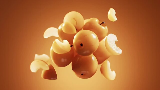 Rotating European Crab Apple Malus Sylvestris with Sliced Sections Floating on Caramel Backdrop a Sweet Fresh and Healthy Still Life Perfect for Decoration and Ads
