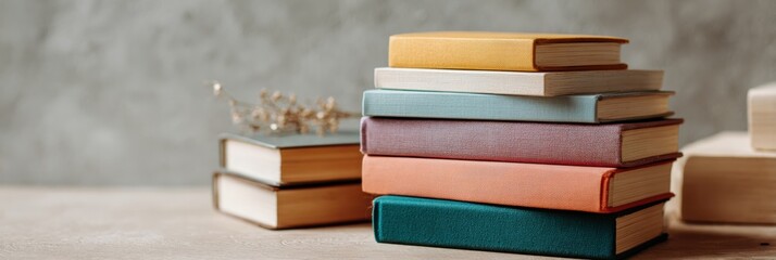 Stacked Vintage Books of Various Colors on a Wooden Surface With a Textured Background in a Cozy Reading Nook