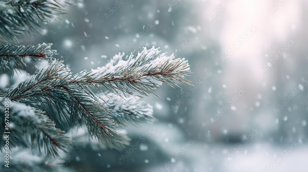 Poster a close-up of a snow-dusted evergreen branch, softly blurred background showing falling snow and mut