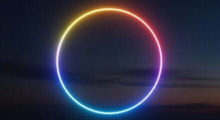 Glowing neon circle, gradient rainbow colors, over blurred dusky sky