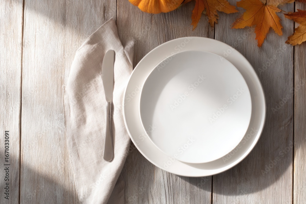 Poster minimalist table setting with elegant plates and soft linen napk