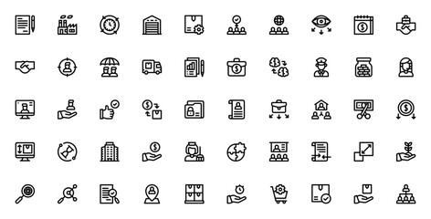 Outsourcing vector icon set. Business process icons ollection. Features contrat, factory, efficiency, waehouse, production, global supervision, and more.