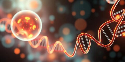 Abstract medical background with glowing cells and DNA strands,  technology,  illustration