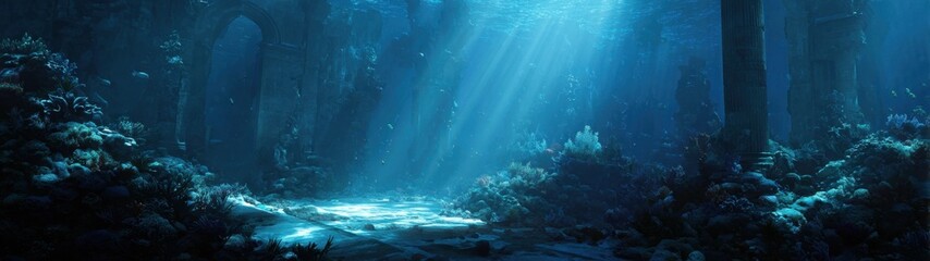 Mysterious underwater scene with sunlight filtering through dense aquatic vegetation and rocks
