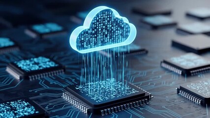 A glowing cloud hovers above a circuit board Digital streams connect the cloud to processors symbolizing data transfer modern technology - Powered by Adobe