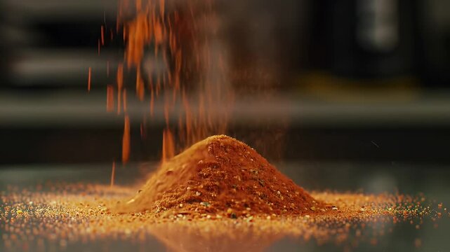 Vibrant Spices Cascading in Slow Motion Creating a Textured Mound on a Glossy Surface with a Blurred Backdrop Perfect for Culinary Food Preparation Recipes Ingredient Still Life Studio Shot