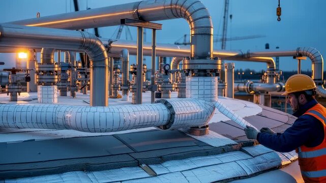 Closeup of intricate pipework and insulation layers being installed on a cryogenic LNG tank during construction in an industrial yard.