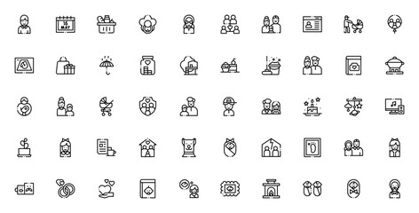 International Day of Families icon set. Vector illusration. Includes symbols fr family, parents, childre, love, home, wedding, birhday, baby and more. Editale vector stroke.