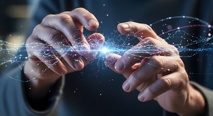Human hands creating a bright digital connection with intertwined data streams, symbolizing modern technology, AI, and global network concept.