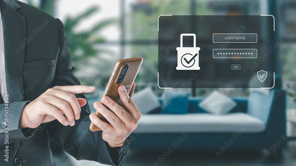 Poster a businessman in a suit securely logs into an online account on his smartphone, with a username and 