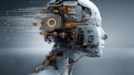 Fototapeta premium Futuristic robotic human head with intricate electronic components