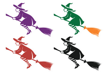 set of Witch flying broom Halloween silhouette vector